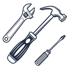 Set of three essential hand tools including a wrench a hammer and a screwdriver in a stylized graphic illustration