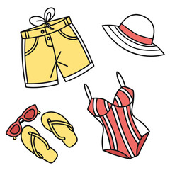 Collection of summer beach vacation clothing and accessories including a swimsuit shorts hat sunglasses and flip flops