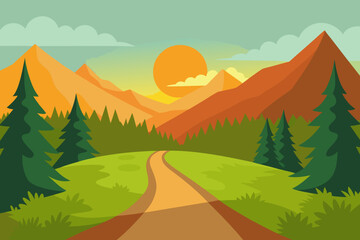 Idyllic Landscape Illustration with Verdant Green Hues Peaceful Nature Art