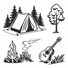 Black and white illustration of a camping scene with a tent campfire guitar and trees