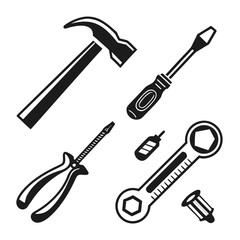Collection of essential hand tools including a hammer screwdrivers wrench and fasteners on a white background