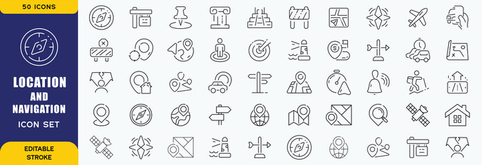 Location and navigation icon set. Containing location, navigation, direction, GPS, flag, destination, route, road and more. Vector outline icons collection © Sk.Saiful