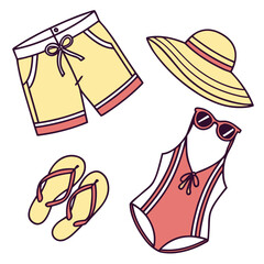 Flat lay of summer vacation essentials including swimwear flip flops shorts and a sun hat