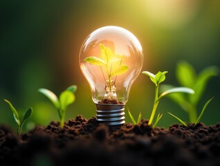 Light bulb with young plant surrounded by natural elements