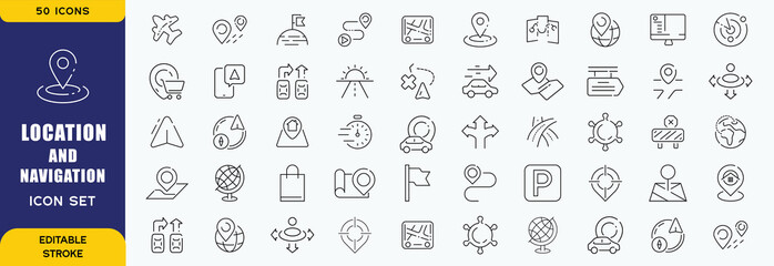 Location and navigation icon set. Containing location, navigation, direction, GPS, flag, destination, route, road and more. Vector outline icons collection