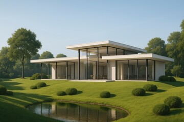 Naklejka premium Modern house with glass walls on green lawn near a pond under blue sky