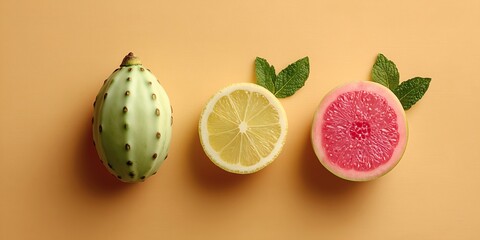 Flat lay of assorted tropical fruits with citrus slices and mint leaves, arranged on a warm-toned backdrop. Bright and minimal food composition for summer themes.