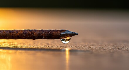 Captivating water droplet clinging to rusty nail reflecting golden sunset light in unique macro photography
