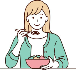Cartoon person eating with spoon and bowl, green cardigan, white shirt, vector illustration, casual dining, isolated food concept art