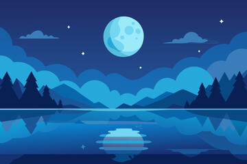 Tranquil Night Landscape Illustration with Blue Hues Peaceful Evening Scene