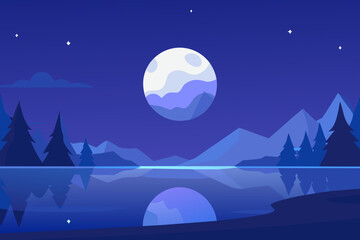 Tranquil Night Landscape Illustration with Blue Hues Peaceful Evening Scene