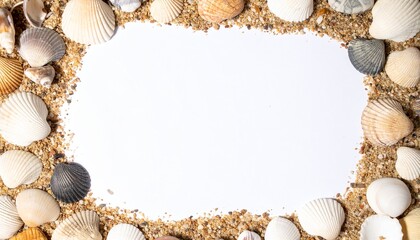 Obraz premium Beautiful beach shells and sand frame a bright white space for your summer vacation memories