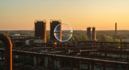 Dreamy bubble floats amidst industrial landscape at sunset creating a surreal abstract scene