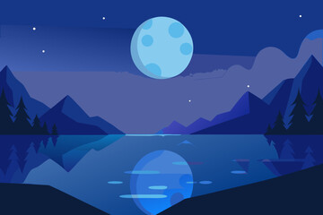Tranquil Night Landscape Illustration with Blue Hues Peaceful Evening Scene