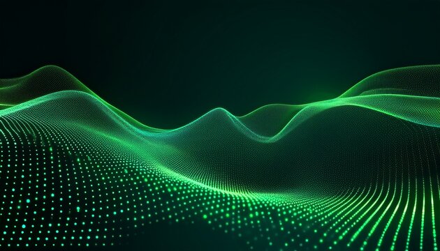 abstract digital wave glowing green dots on dark background - Powered by Adobe