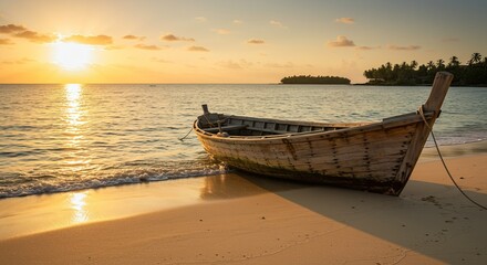 Dreamy tropical beach sunset with rustic wooden boat resting on shore for peaceful getaway vacation