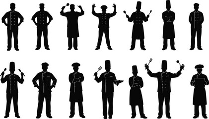 Professional chef silhouettes in various cooking and kitchen poses, chef hat uniform icons, culinary figure vector set for design use

Professional chef silhouettes in various cooking and kitchen pose