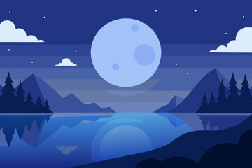 Tranquil Night Landscape Illustration with Blue Hues Peaceful Evening Scene