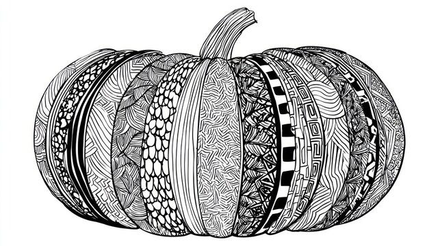 A black and white illustrated pumpkin with various patterned sections, ready to color