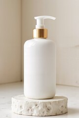 White plastic dispenser on natural stone background