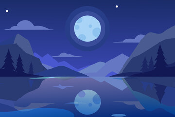 Tranquil Night Landscape Illustration with Blue Hues Peaceful Evening Scene