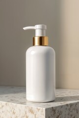 Elegant cosmetic bottle standing on textured stone