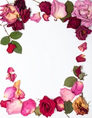 Elegant dried roses and petals frame with vibrant colors, perfect for romantic or vintage designs