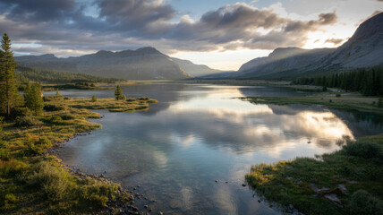Serene mountain lake reflecting dramatic cloudy sky at sunset