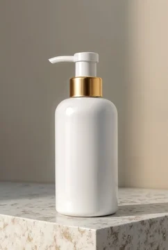 Elegant cosmetic bottle standing on textured stone