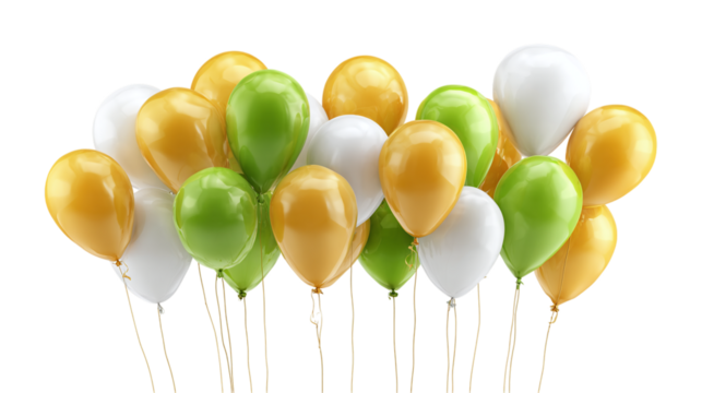 Set of balloons in saffron, white, green shiny 3D style isolated on transparent background 