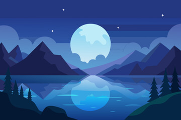Obraz premium Tranquil Night Landscape Illustration with Blue Hues Peaceful Evening Scene