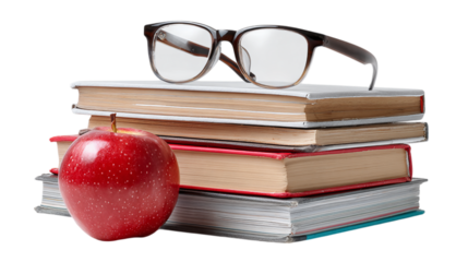 Stack of textbooks with apple and glasses on top isolated on transparent background 