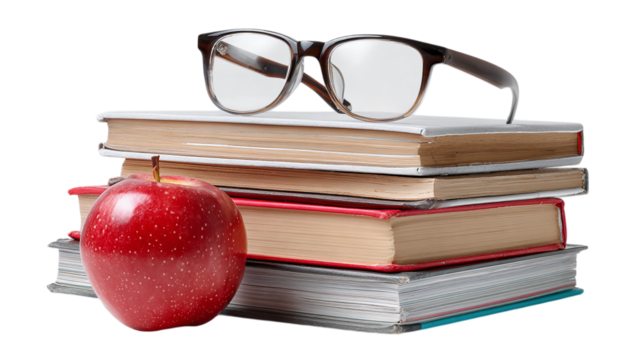 Stack of textbooks with apple and glasses on top isolated on transparent background 