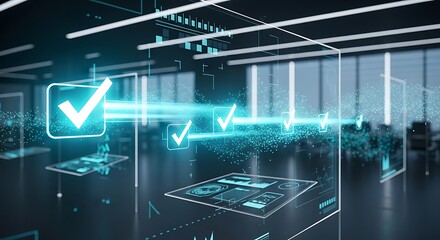 Futuristic digital interface displays glowing checkmarks and data streams in a modern office setting