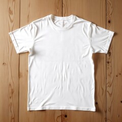 Folded apparel mockup on wooden table top view