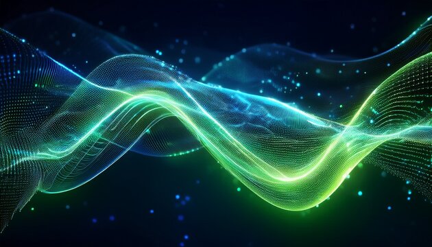 abstract green and blue glowing particle flow on dark background visualization