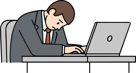 Cartoon person in suit leaning over laptop, head on desk, exhausted posture, office stress, vector illustration, isolated workplace concept