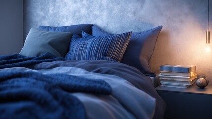 A cozy bedroom scene with blue bedding pillows and a bedside table with books and a lamp creating a warm glow