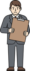 Cartoon person in suit holding clipboard, short brown hair, professional posture, vector illustration, business concept, isolated character drawing