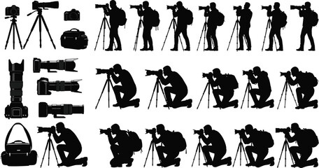 Obraz premium Silhouette illustration of photographers using camera and tripod, professional photography poses, equipment setup, camera gear, DSLR, lens, outdoor shooting