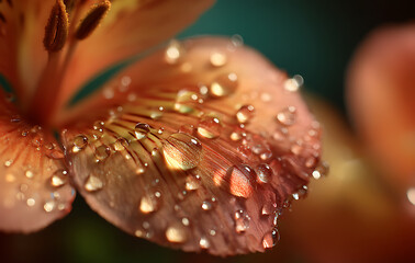 Close Up of Dew Covered Peach Flower Petals