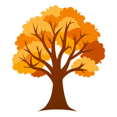 Autumn oak tree with many branches and yellow leaves. Isolated vector illustration on white background