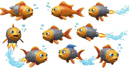 Fototapeta premium Cartoon fish illustration set with jet propulsion