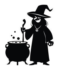Scary witch character silhouette stirring a magic potion in a cauldron with a spoon. Vector cartoon illustration