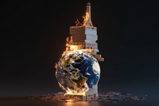 A burning stack of money surrounding a globe
