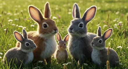 Obraz premium Group of Six Cute Baby Rabbits Sitting in Green Meadow During Daylight