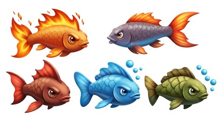Fototapeta premium Collection of cartoon angry fish in various colors