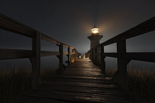 Fototapeta Foggy night at a wooden pier leading to a lighthouse
