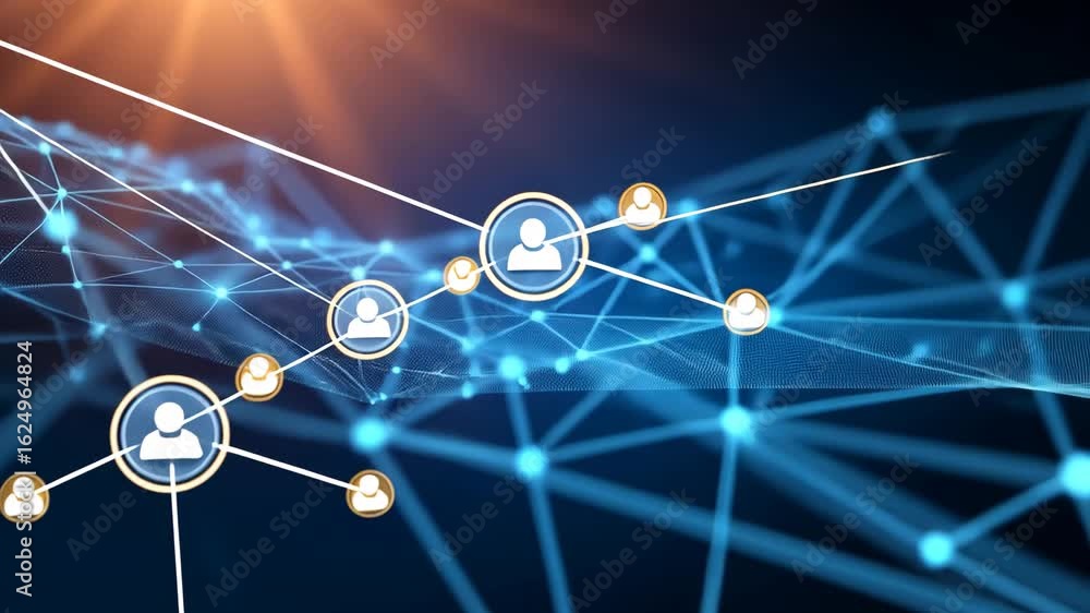 Poster dynamic digital network of interconnected user icons with glowing web technology