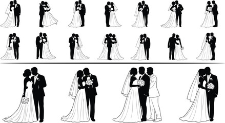 Wedding couple silhouette vector illustration set, bride and groom romantic poses, marriage ceremony design, love couple clipart collection